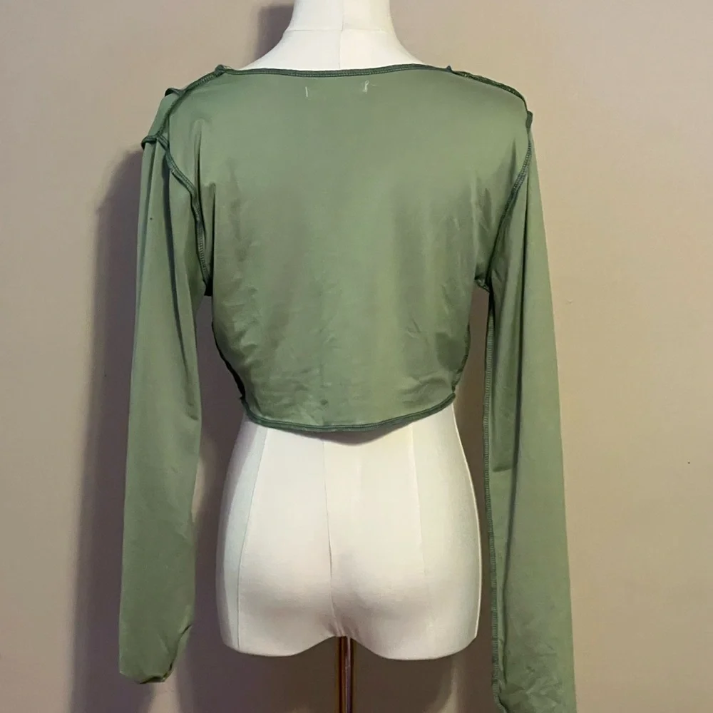 Like New Lettuce Edge Mesh Sage Green Long Sleeve Crop Top